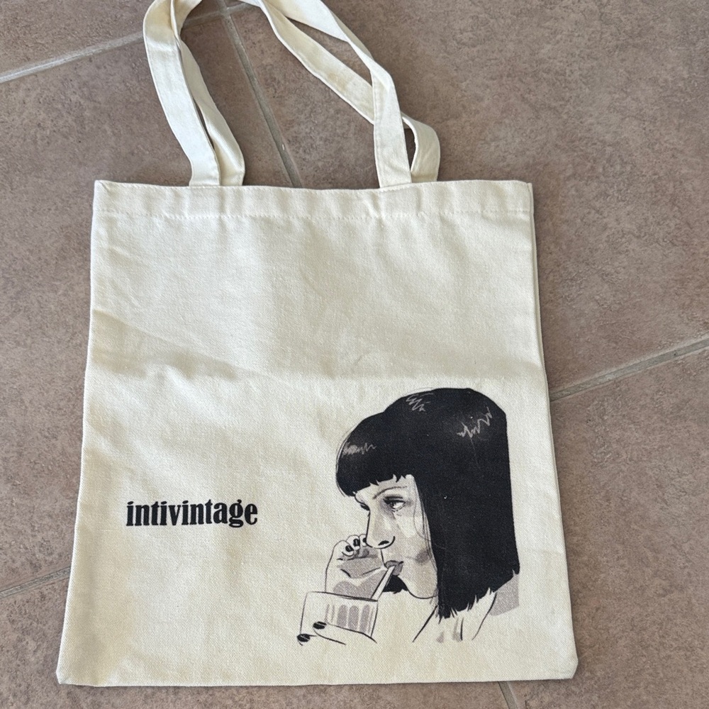 Vintage Cream Tote with Artistic Black Print